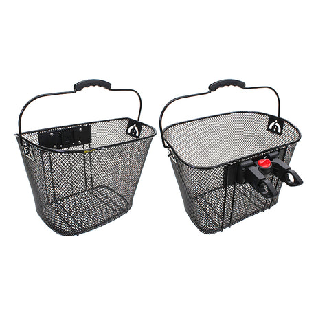 Large Basket with Quick Release, shown as a pair of black mesh storage baskets, one with a handle and the other featuring a red button for easy attachment to bikes or scooters.