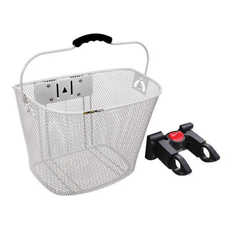 Large Basket with Quick Release attached to a black and red bike handlebar, highlighting the basket's practical design and easy attachment for bikes and scooters.