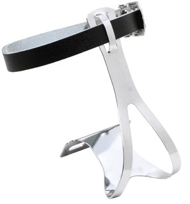 Large Chrome Racing Toe Clips with Leather Straps, designed for bikes and scooters, featuring sleek black and silver elements.