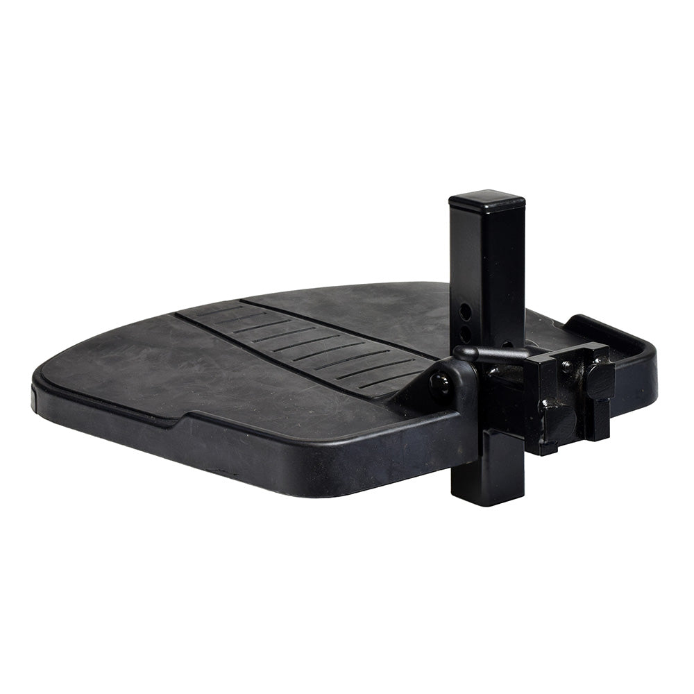 Large Foot Platform Assembly for the Jazzy Select 7, featuring a sturdy black plastic base with a central hole and attached handle, designed to ensure safe and comfortable operation of the power chair.