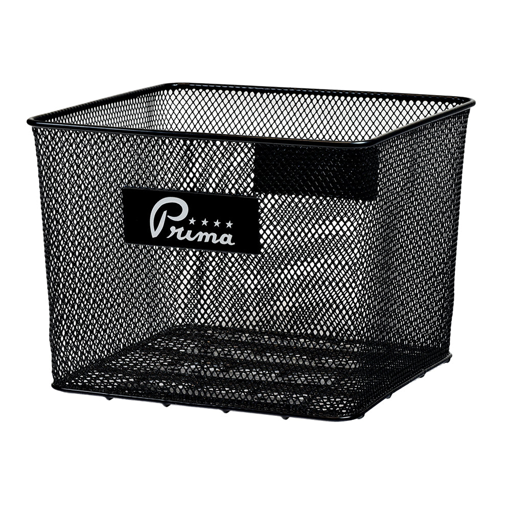 Large Milk Crate Style Scooter Basket made of black heavy-gauge steel wire, featuring a white logo. Ideal for mounting on rear platform racks, offering ample space for carrying items securely.