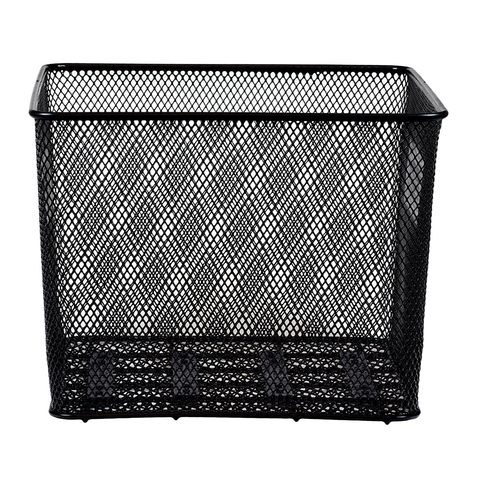 Large Milk Crate Style Scooter Basket (Blemished) made of black mesh steel wire, perfect for mounting on a scooter's rear basket platform to increase carrying capacity.