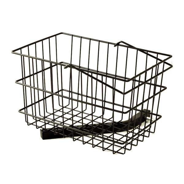 Large Square Rear Basket for Pride Mobility Scooters and Power Chairs, featuring a close-up of a black wire basket with a handle, designed for mounting on the rear to carry items securely.