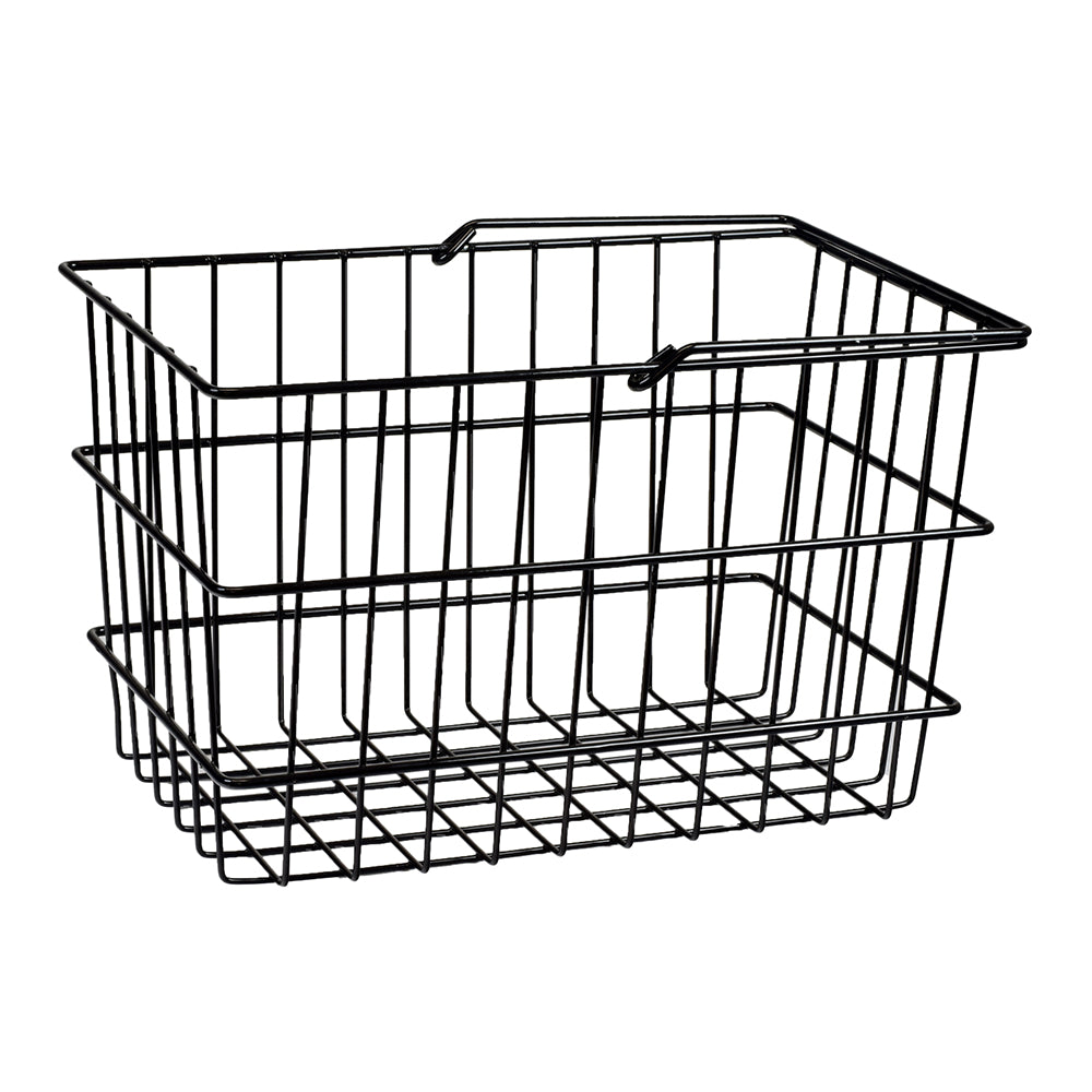 Large Square Front Basket for Pride Mobility Scooters: a black wire basket with a handle and mounting clip, suitable for front tiller attachment, enhancing storage capacity for your scooter.