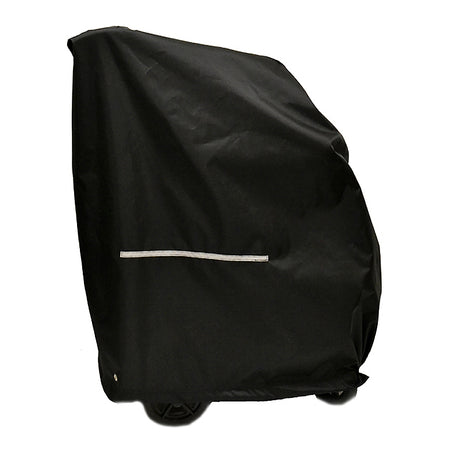 Large Weatherproof Cover for Power Chairs shown zipped on a cart, highlighting its durable construction and ease of use.