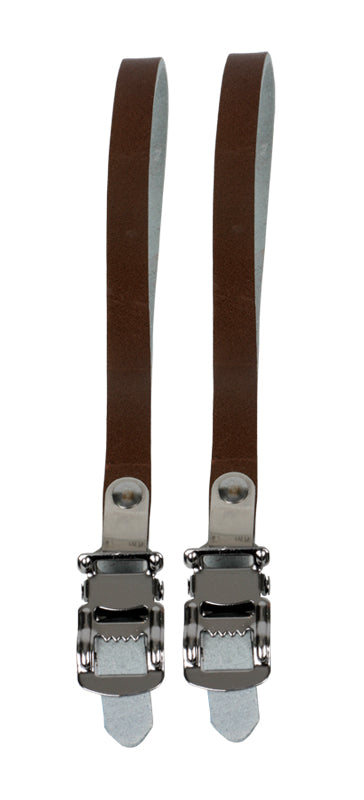 Leather Toe Straps for scooters and bikes, featuring brown leather with adjustable buckles. A functional and stylish accessory by Sunlite for various types of scooters and bicycles.