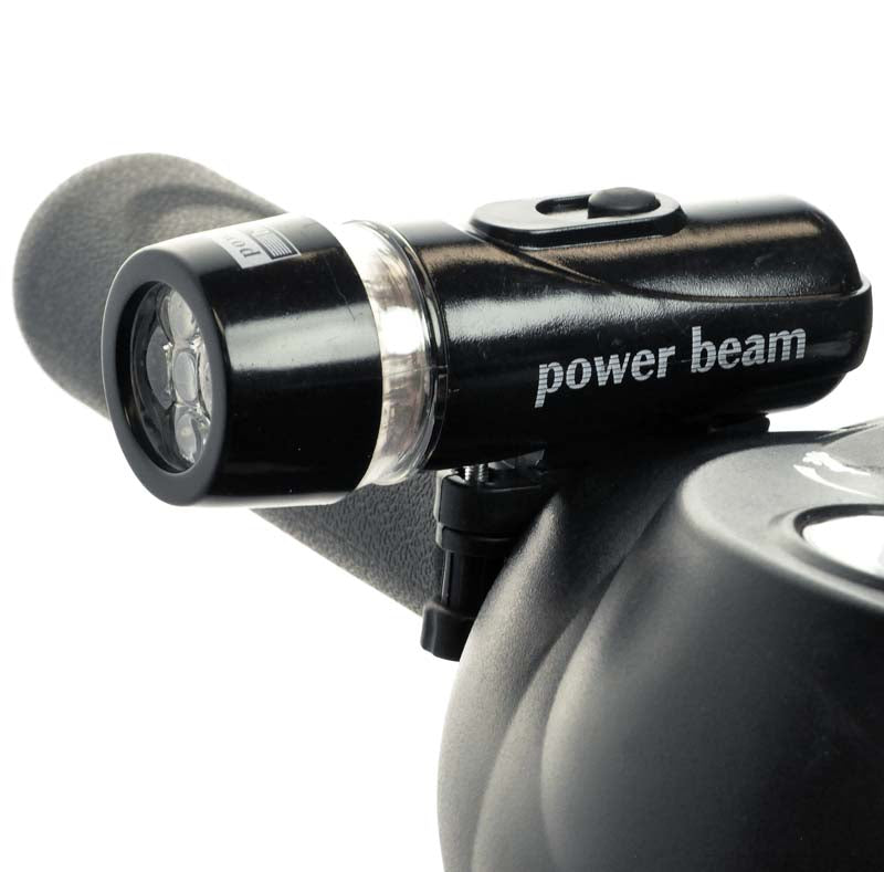 Handlebar Mount LED Bike & Scooter Flashlight close-up, showing its compact, black design with a handlebar bracket for easy mounting and removal.