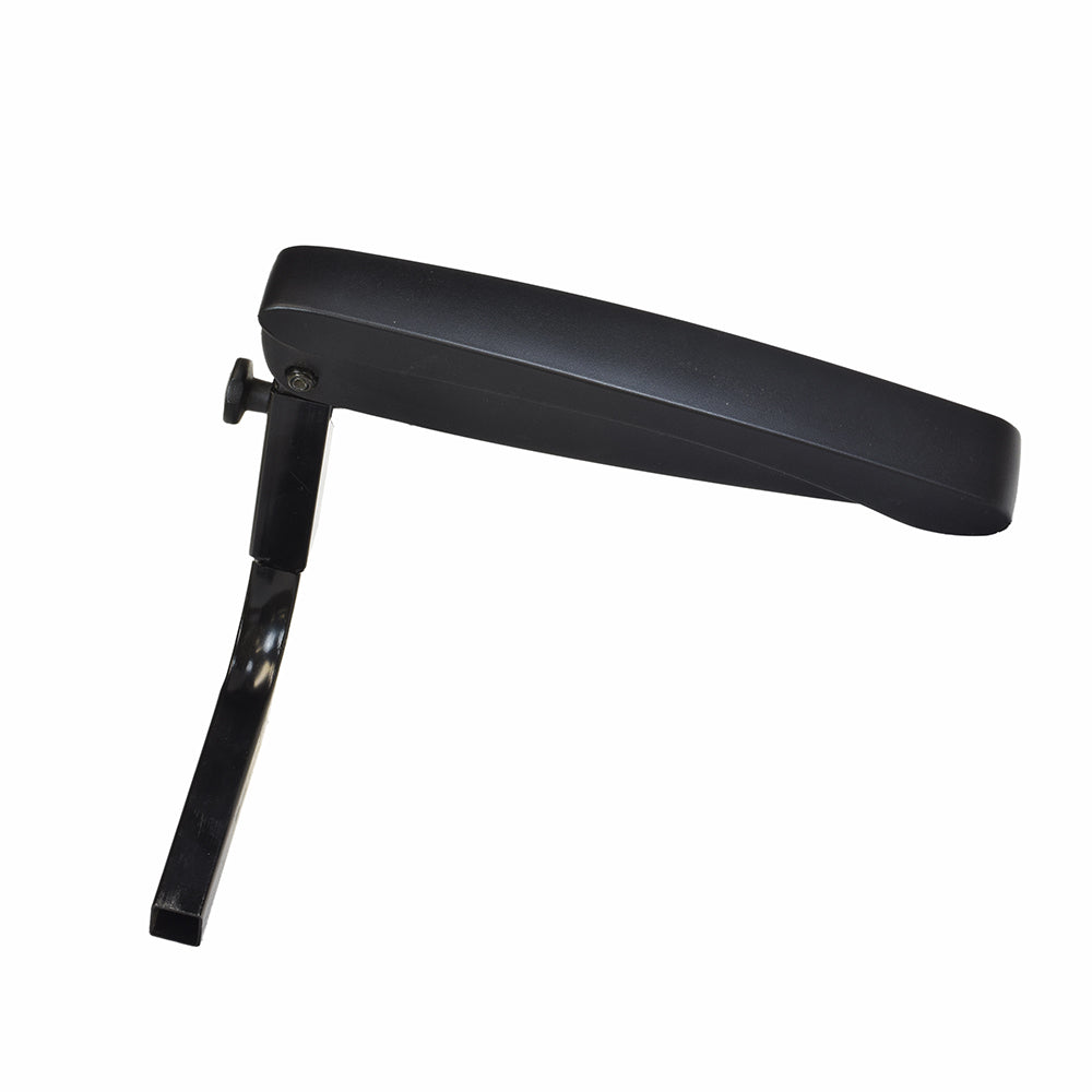 Left Flip-Back Adjustable Armrest Assembly for Shoprider power chairs, featuring a black handle and cap, designed for models Dasher 9, Jimmie, Smartie, and Streamer Sport.