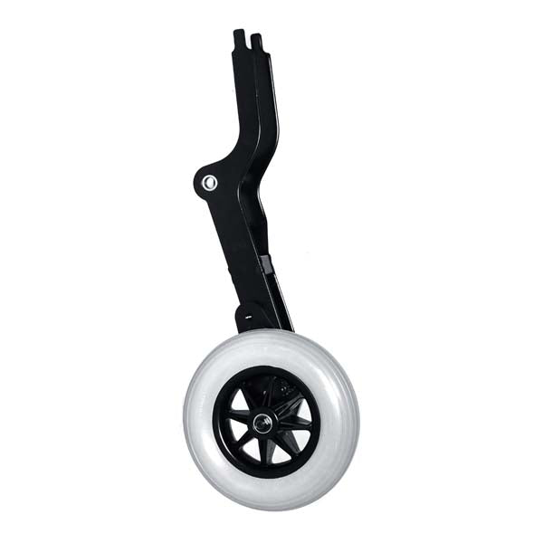 Left Anti-Tip with Wheel Assembly for the Jazzy 1170 XL power chairs, featuring a white wheel and a black metal bracket with a hole, designed for stability and safety.