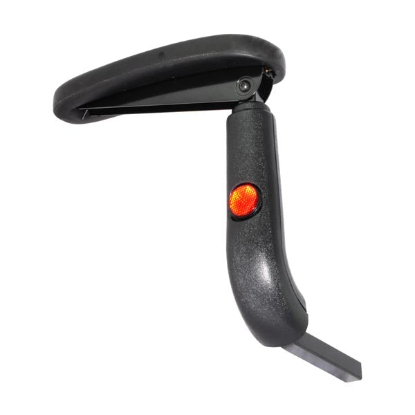 Left Armrest Assembly for the Shoprider Xtralite Jiffy, featuring a black plastic handle with a red light, shown in a close-up view.