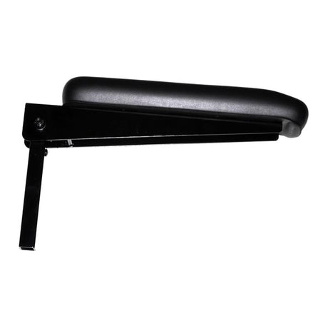 Left Armrest for the Invacare Zoom HMV 300 and HMV 400 Mobility Scooters, featuring a black armrest pad with a handle, designed for the left side, includes new mounting hardware.