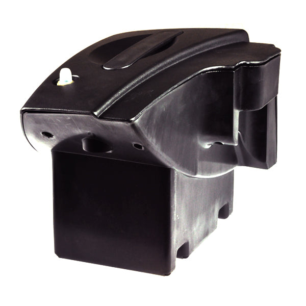 Left Side Battery Box Assembly without Battery for the Pride Revo (SC63/SC64) mobility scooter; black plastic box with a white button and light, includes wiring and 30 amp circuit breaker.