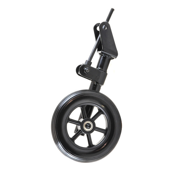 Left 6 Black Anti-Tip Wheel Assembly for the Jazzy Select HD Power Chair, showing a close-up of the black wheel with a metal handle, designed specifically for the left side.