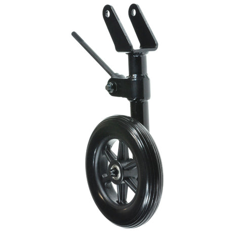 Close-up of the Left 6 Black Anti-Tip Wheel Assembly for the Jazzy Select HD Power Chair, showcasing the black tire, metal rod, and shock-absorbing spring components.