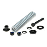 Left 6 Black Anti-Tip Wheel Assembly for Jazzy Select HD Power Chair, featuring a metal spring, bolts, and washers. Close-up shows a bolt with the shock-absorbing spring.