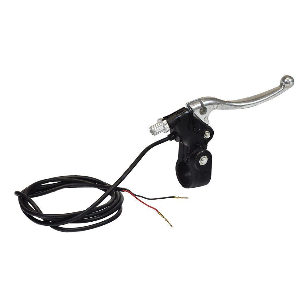 Left Brake Lever for eZIP 500, eZIP 750, eZip 900, IZIP I-650, Schwinn S500, and Schwinn S650 electric scooters, featuring a polished aluminum handle, attached wires, and built-in return spring.