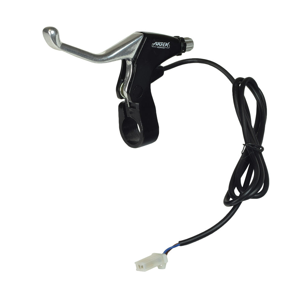 Left Brake Lever for Currie Scooters, featuring a black and silver handlebar with an attached black cable, designed for electric scooter models.