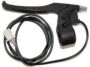 Left Brake Lever Assembly with Cable for Razor E500S, showing a black handlebar with an attached wire and white connector; includes the brake lever, cable, and built-in brake switch.