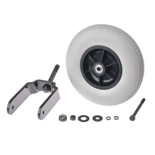 8x2 (200x50) Left Rear Caster Wheel Assembly with Fork for Jazzy and Jet Power Chairs, featuring a black metal frame, screws, and a black rimmed wheel.