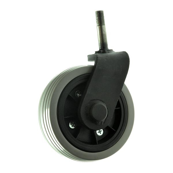 Left Caster Wheel Assembly for the Go-Go Go-Chair, showcasing a black rubber tire with a black rim, fork assembly, and accompanying hardware.