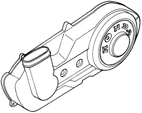 Left Crankcase Cover for Honda Elite 250 (1985-1988 Models) and Helix CN250 (All Models) (OEM) depicted in a precise black and white mechanical drawing, showcasing its intricate design and specifications.