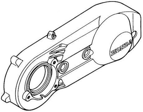 Left Crankcase Cover for Honda Elite 250 (1989-1990 Models) (OEM); an illustration showing a circular, metal object with detailed line art, and a close-up of a logo on the design.