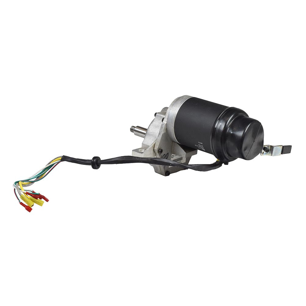 Left Motor Assembly for the Hoveround® MPV5® (Used) featuring a black and silver electric motor with attached wires, thoroughly inspected and cleaned.