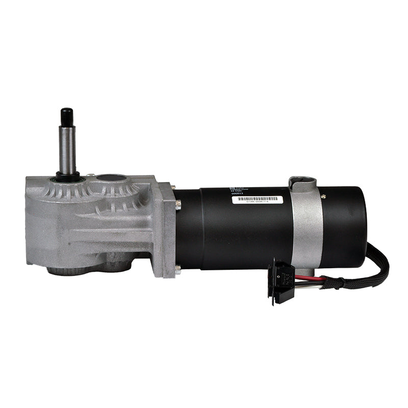 Left Motor Assembly (PM802-D08D) for Jazzy Select 14, Select HD, Pride J6 & TSS 450, showcasing a grey and black electric motor with visible mechanical parts and a barcode.