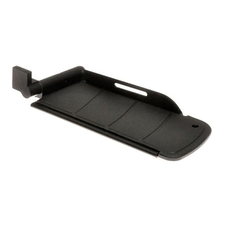 Left Power Articulating Footplate for Jazzy and Quantum Power Chairs, featuring a black plastic holder and a key, designed to fit Synergy seats without depth adjustment.