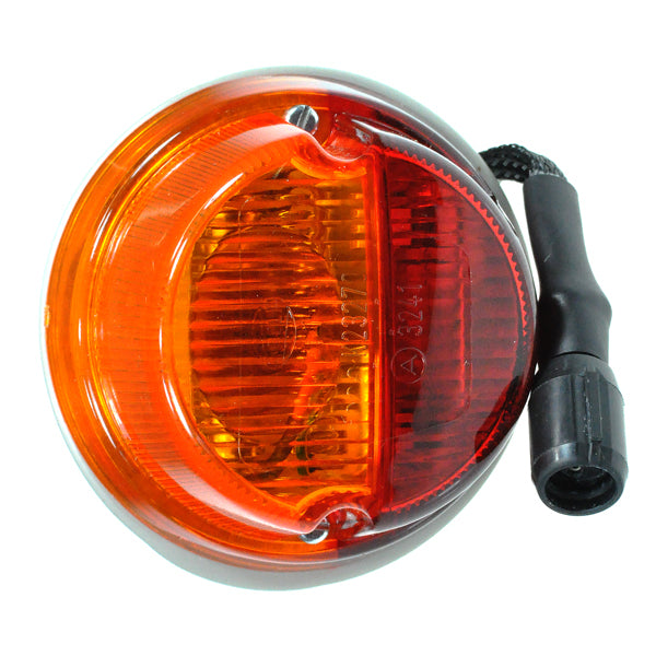 Close-up of the Left Rear Lighting Assembly for Pride Legend XL (SC3450), showcasing the red and orange lens cover, light bulbs, and electronic harness components.