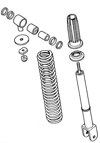 Left Rear Shock Absorber for Honda Elite 250 (1989-1990 Models) (OEM) depicted in a detailed black and white mechanical drawing, showcasing the coil spring and tube components essential for the vehicle's suspension.