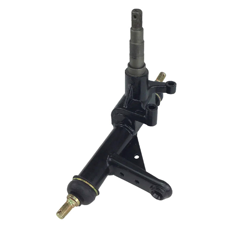 Spindle for TaoTao Arrow & Targa Go-Karts, a black metal component with a metal handle, essential for front suspension, compatible with 150 and 200 versions, occasional minor scuffs don't affect functionality.