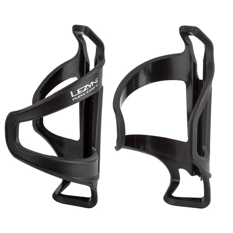 Lezyne Flow Cage SL, a black plastic water bottle holder with a side loading design, strong cage ribs, and a low profile for secure hydration bottle placement on bike frames with limited space.