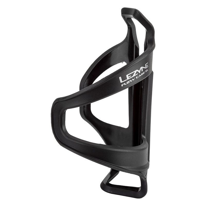 Lezyne Flow Cage SL, a black plastic bottle holder with a strong carbon matrix construction and side loading design, ideal for securing bottles on small bike frames with limited clearance.