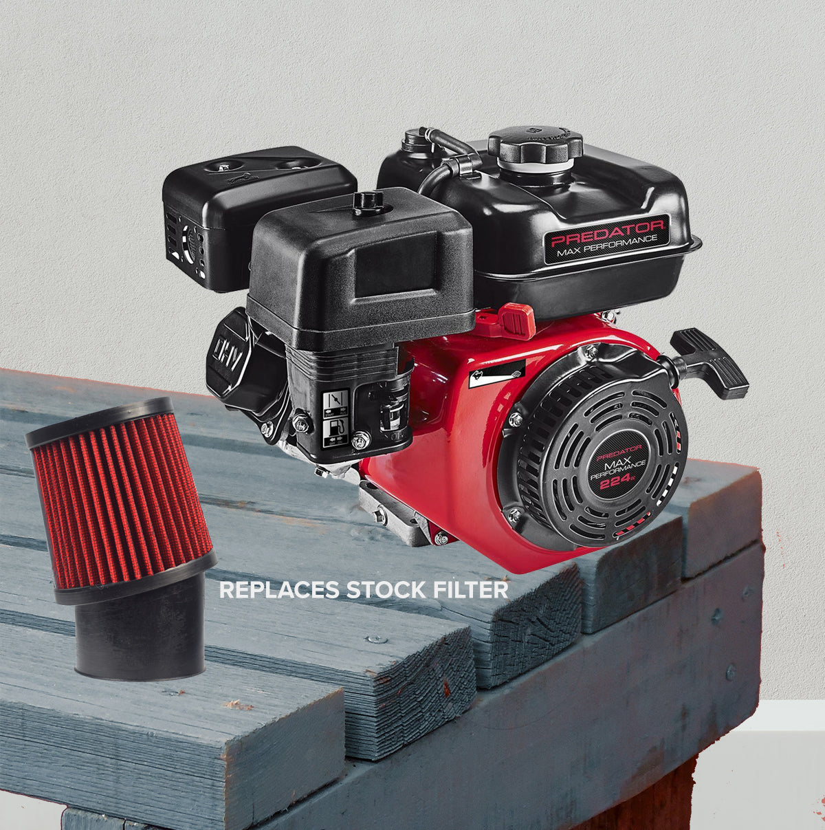 212cc 6.5 HP & 224cc HP Predator High Performance Air Filter Intake Kit (Missing Hardware) displayed on a wood surface, showcasing a close-up of the red filter, black plastic container, and machine components.