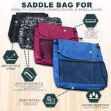 Saddle Bag for Mobility Scooters, Power Chairs, & Wheelchairs: a durable nylon bag with multiple pockets, zippers, and Velcro fastener, featuring reflective safety tape for enhanced visibility.