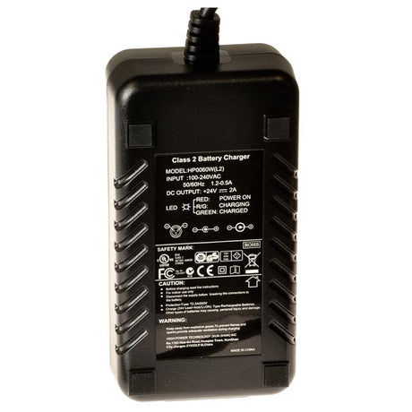 24 Volt 2.0 Amp XLR Li-ion HP0060WL2 Battery Charger for KD Smart Chair Power Chair, close-up view, displaying white text and LED indicators on a black surface.