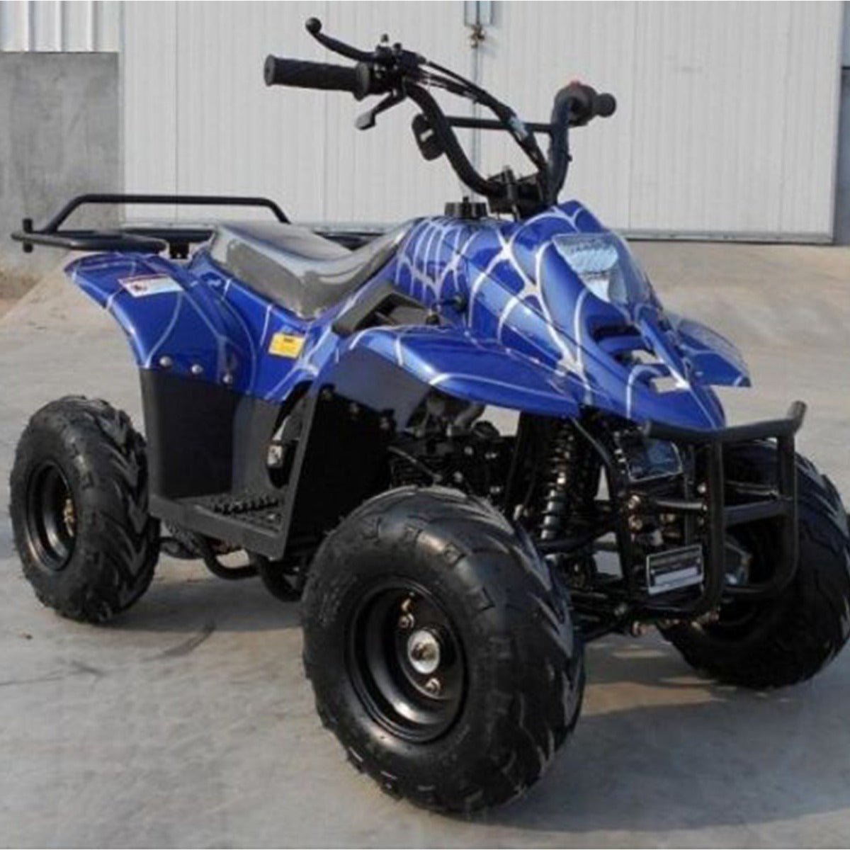 Foot Platforms for 110cc ATVs mounted on a blue ATV parked on concrete, showcasing sturdy footrest replacements compatible with TaoTao ATA-110B, Coolster ATV-3050C, and other models.