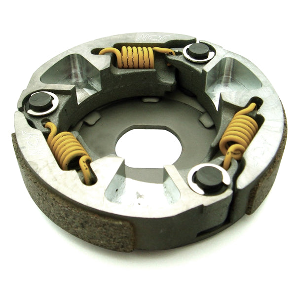 Lightweight Clutch for 50cc 1PE40QMB Minarelli Yamaha Jog Style Scooter Engines, featuring a metal body with yellow wires, specifically designed for enhanced performance with extra lightweight pillows and high friction pads.