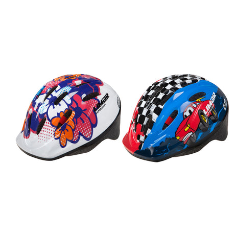 Two Limar 123 Small Child's Bike & Scooter Helmets, one with floral designs and the other in blue and red, both featuring 10 vent construction and adjustable straps.