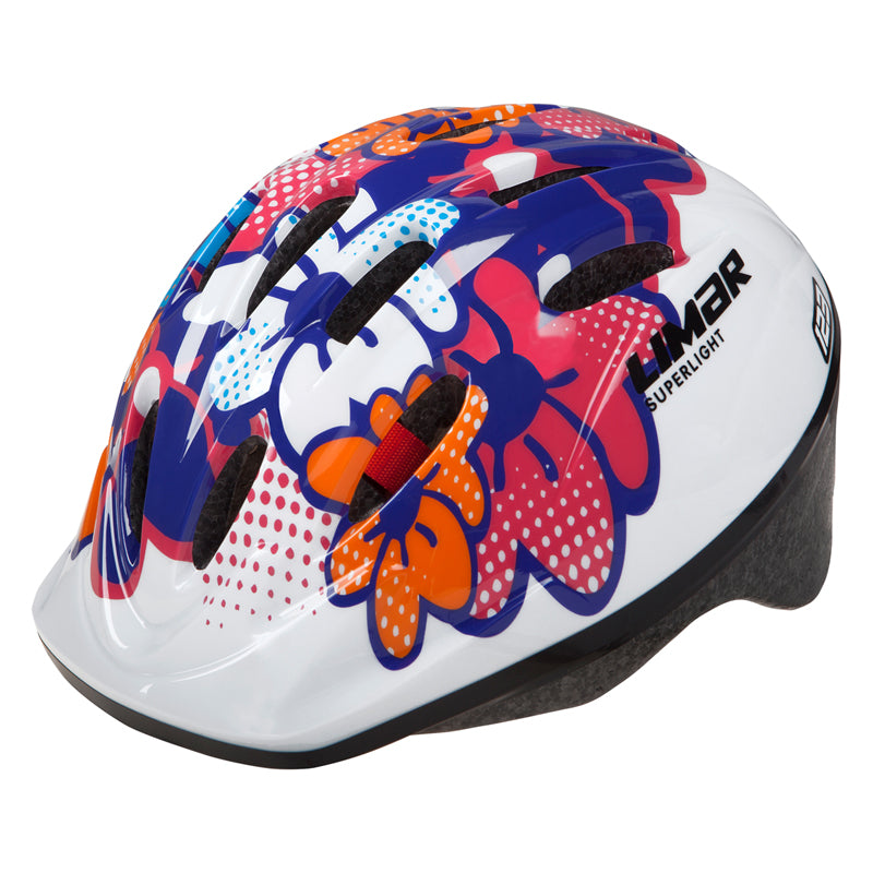 123 Small Child's Bike & Scooter Helmet featuring colorful flowers on a white and blue design. This adjustable, CPSC-approved helmet ensures safety and fun for young riders.