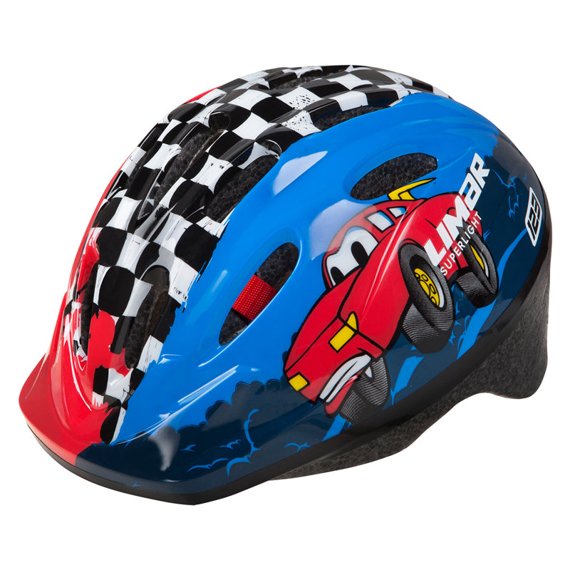 123 Small Child's Bike & Scooter Helmet featuring a fun cartoon car design, adjustable fit, and 10 vent construction for safety.