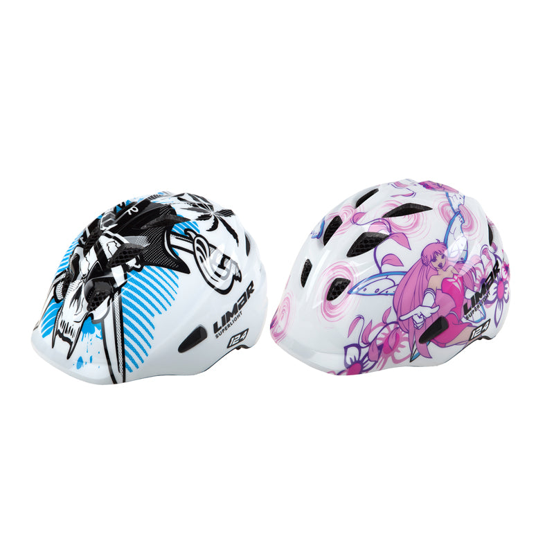 124 Small Child's Bike & Scooter Helmet in Blue Pirate and Pink Fairy designs, featuring colorful, child-friendly graphics and sturdy construction for safety compliance.