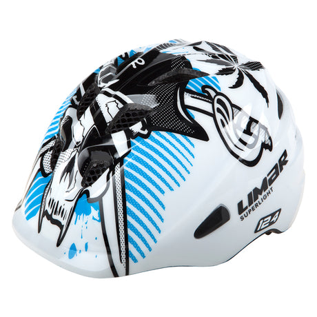 124 Small Child's Bike & Scooter Helmet with blue and white designs featuring a skull, designed for toddlers and young kids, ensuring safety and style.