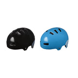 360 Degree Bike & Scooter Helmet with ABS hardshell, featuring a clean design with multiple ventilation holes, available in both black and blue finishes. Suitable for urban, BMX, and freeride use.