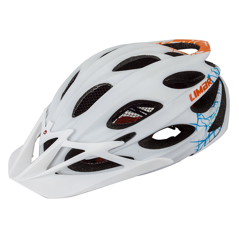 MTB Ultralight Plus Bike & Scooter Helmet with blue and orange design, featuring a sleek, white exterior, and sporty accents. Designed with double shell in-mould technology and 22 air vents for optimal comfort and safety.