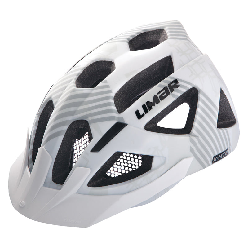 X-MTB Bike & Scooter Helmet featuring a sleek white and black design, showcasing its Monoshell In-mould frame, soft anti-bacterial pads, double adjustment fit system, and a removable visor.