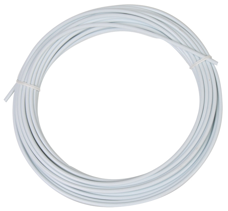 Lined Cable Housing: A neatly coiled roll of white cable, suitable for various scooters and bikes, offering 50 feet of durable, practical coverage for your two-wheeled transport needs.