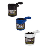 Liquid Caddy Cup & Drink Holder with visible handlebar mount, clip mount, and suction cup mount. Three containers shown in black, white, and blue with black labels.