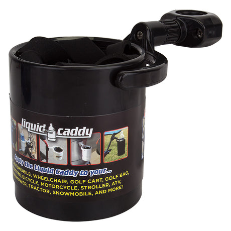 Liquid Caddy Cup & Drink Holder, featuring a black cylindrical cup with a handle. Perfect for attaching to handlebars, ensuring beverages remain upright with its gimbal system.